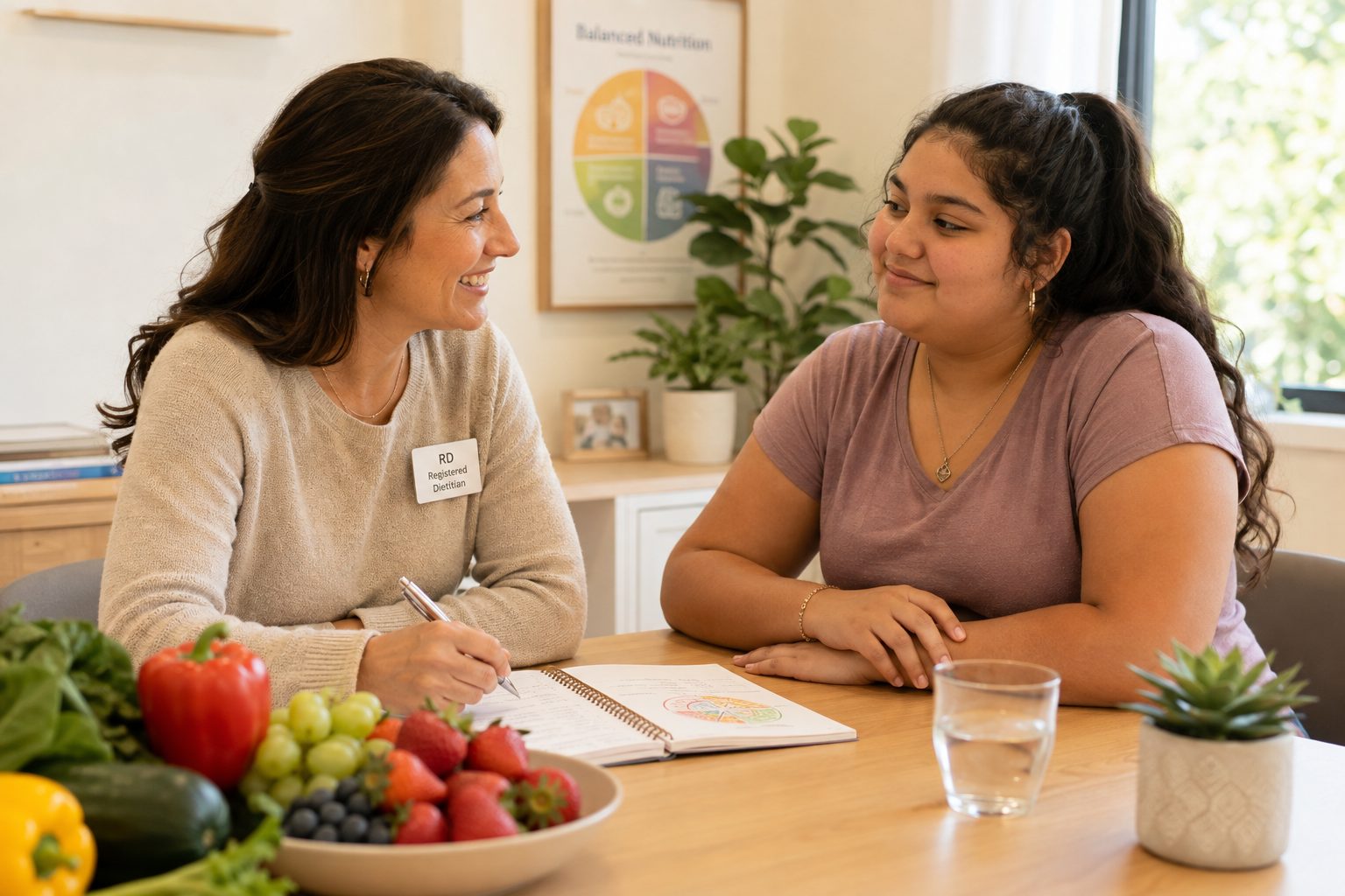 A registered dietitian talking warmly with a teenage patient over a notebook and fresh fruit and vegetables