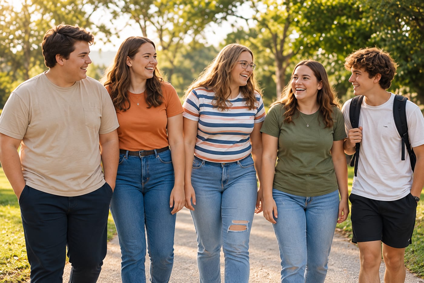 A group of smiling teens and young adults walking together outdoors