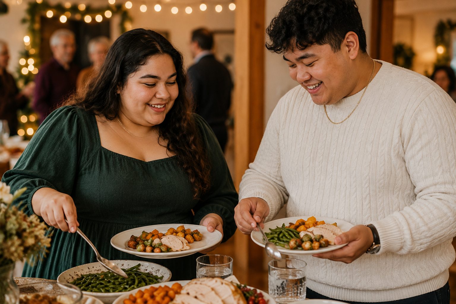 Two smiling young adults serving themselves protein-forward holiday plates of sliced turkey, green beans, and roasted vegetables, with glasses of water at a festive gathering