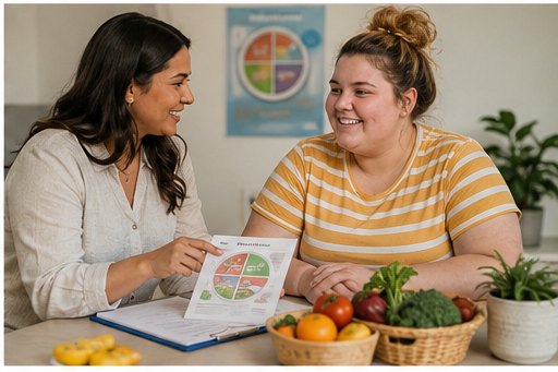 A registered dietitian reviewing a healthy-plate nutrition guide with a young patient, with fresh vegetables and fruit on the table