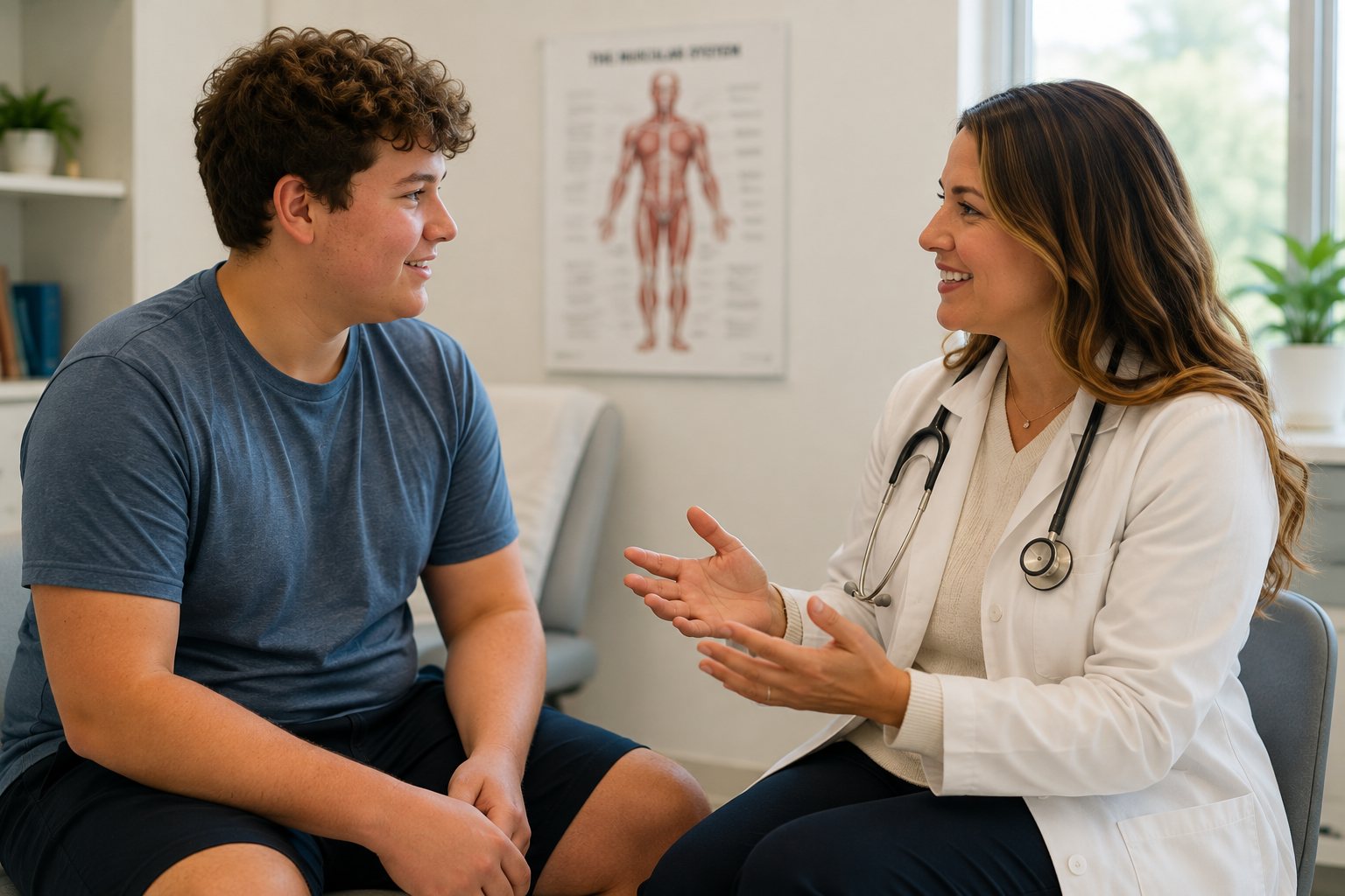 A board-certified physician talking with a teenage patient during a weight-management consultation